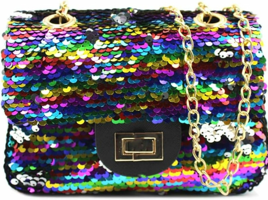 ANKOMINA Women Sequin Crossbody Purse Shoulder Bag Rainbow Reversible Pouch With Chains Shoulder Handbags