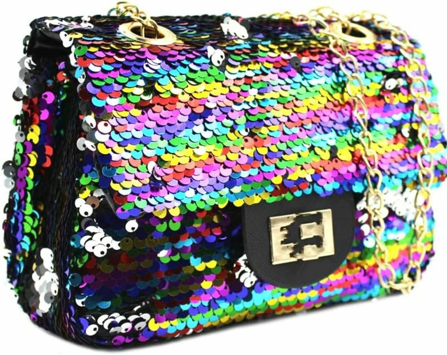 ANKOMINA Women Sequin Crossbody Purse Shoulder Bag Rainbow Reversible Pouch With Chains Shoulder Handbags