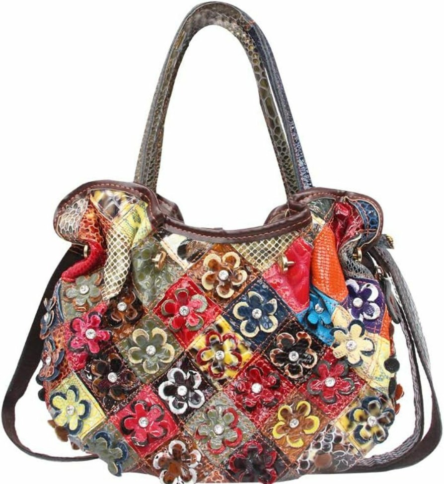 Segater Women'S Multicolor Floral Shoulder Bag Genuine Leather Patchwork Colorful Urses Shoulder Handbags