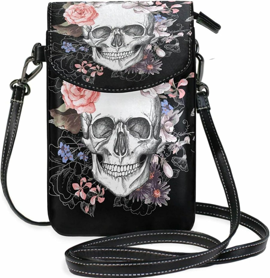 HAUYE Flower Halloween Sugar Skull Cell Phone Purse Crossbody Bag Pouch Shoulder Bags Wallet For Women Girls Travel, 7.6 X 4.9 Inches(H X L) Shoulder Handbags