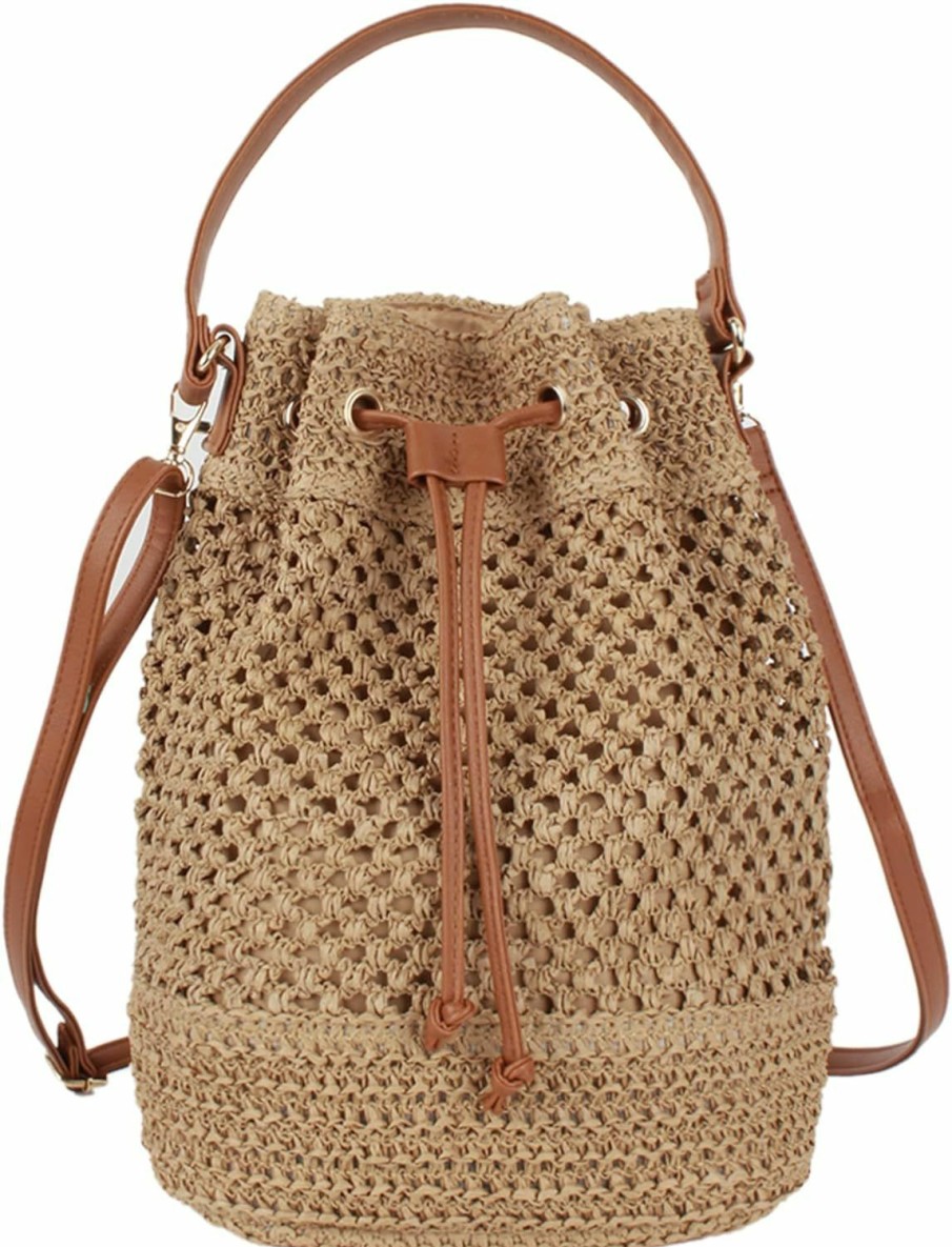 ZLM BAG US Zlm Bag Us Straw Drawstring Bucket Bag Summer Crochet Tote Purse Pu Leather Strap Crossbody Shoulder Bag Shoulder Handbags