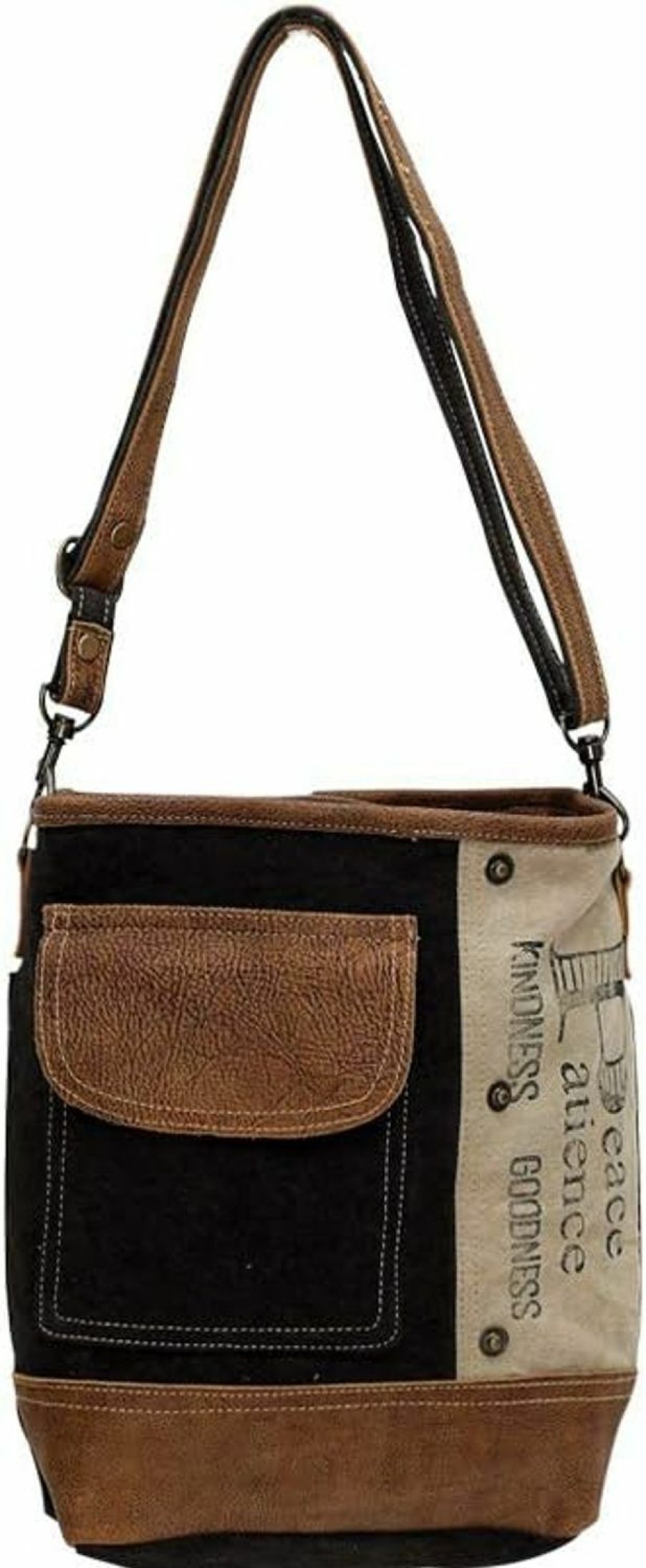 Myra Bag Peace And Goodness Upcycled Canvas Genuine Leather Trim Crossbody Bag Shoulder Handbags