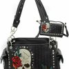 R2N fashions Rhinestone Skull Rose Western Concealed Carry Handbag Purse Wallet Set Shoulder Handbags