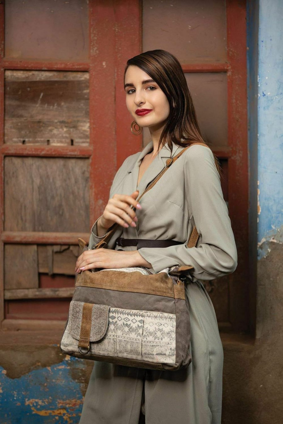 Myra Bag Myra Bag Female Tribe Strip Upcycled Canvas & Cowhide Leather Bag S-1210 Shoulder Handbags