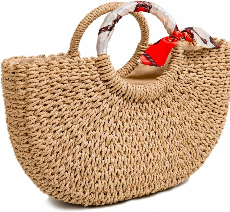 FARVALUE Farvalue Summer Straw Beach Tote Bag Handmade Large Straw Tote Handbag Women'S Handbags And Free Silk Scarves Shoulder Handbags