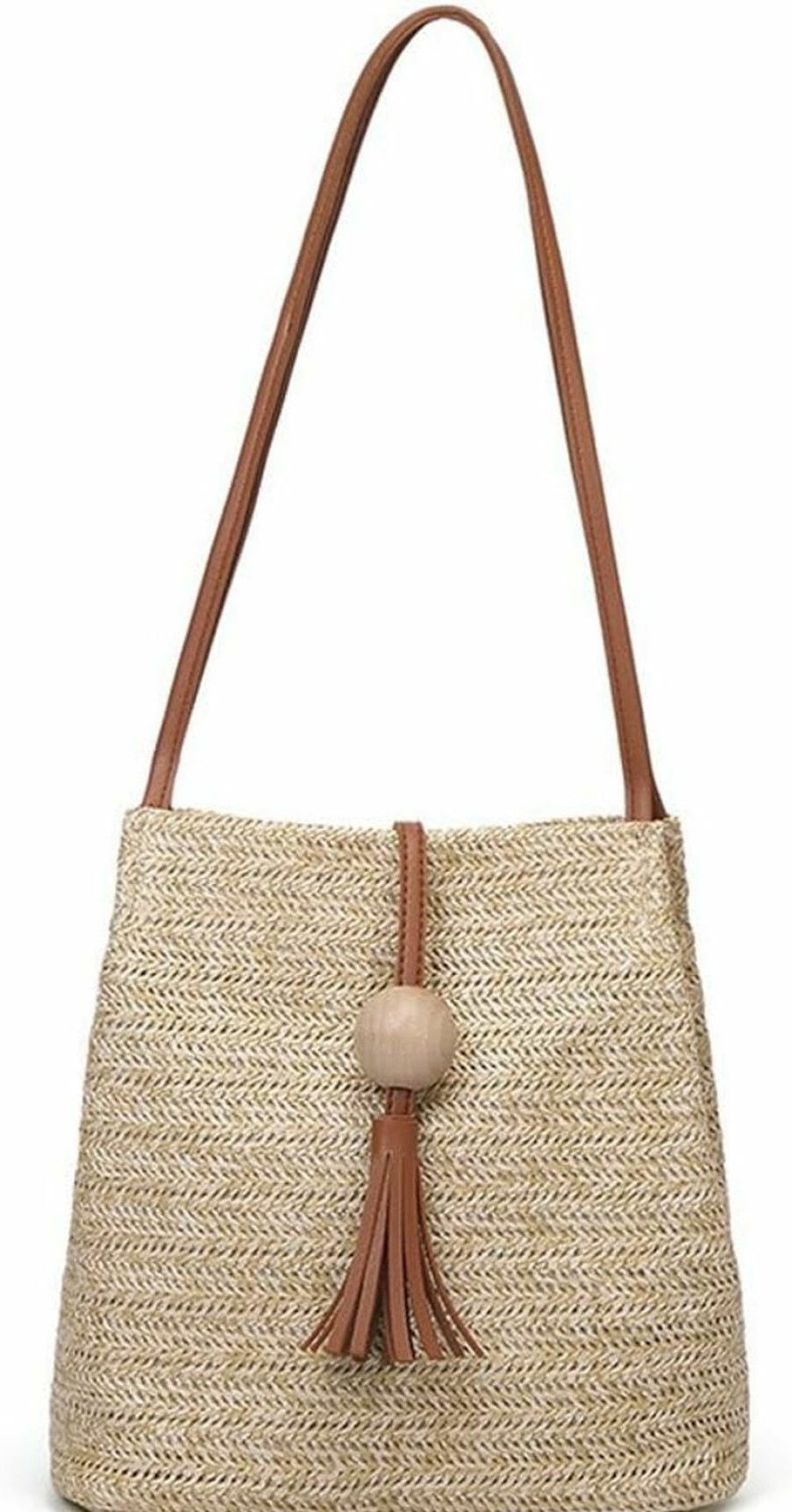 QZUnique Qzunique Straw Handbags Women'S Summer Beach Straw Bucket Tote Bag Straw Woven Handbag Tassel Shoulder Bag Purse Shoulder Handbags