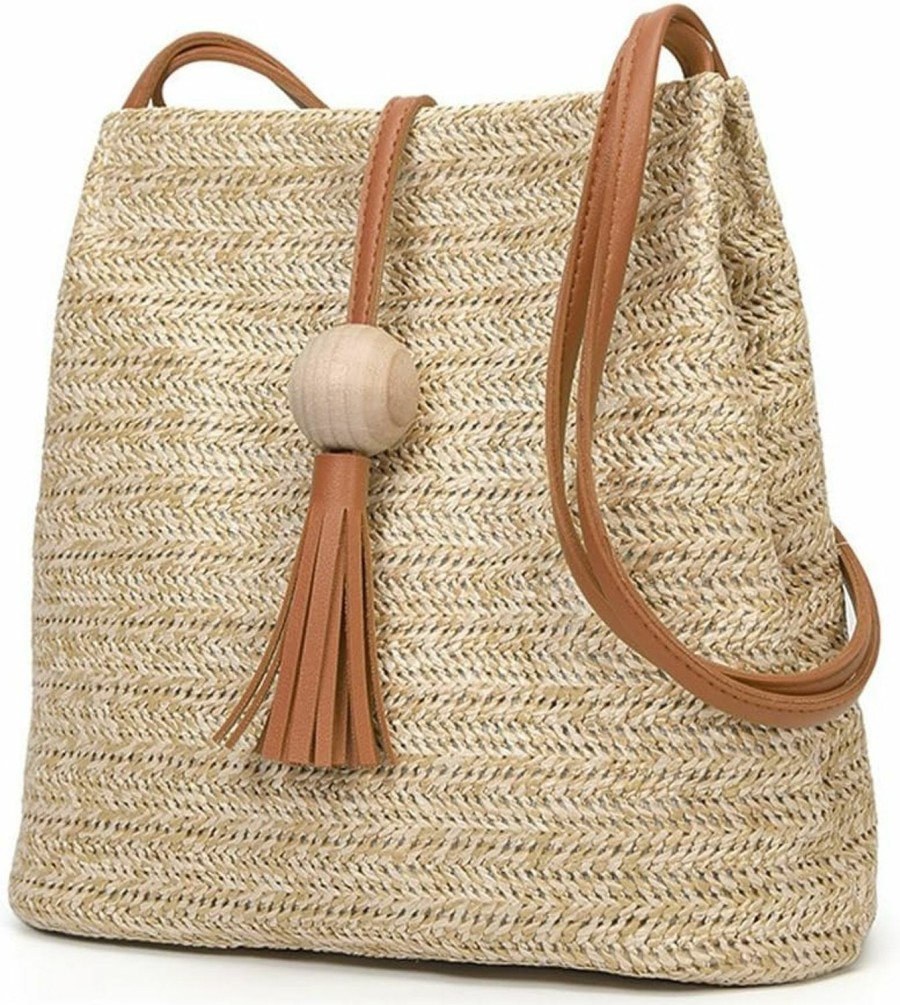 QZUnique Qzunique Straw Handbags Women'S Summer Beach Straw Bucket Tote Bag Straw Woven Handbag Tassel Shoulder Bag Purse Shoulder Handbags