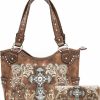 WESTERN ORIGIN Western Style Rhinestone Cross Conchos Studded Women Purse Tooled Leather Handbag Country Shoulder Bag Trifold Wallet Set Shoulder Handbags