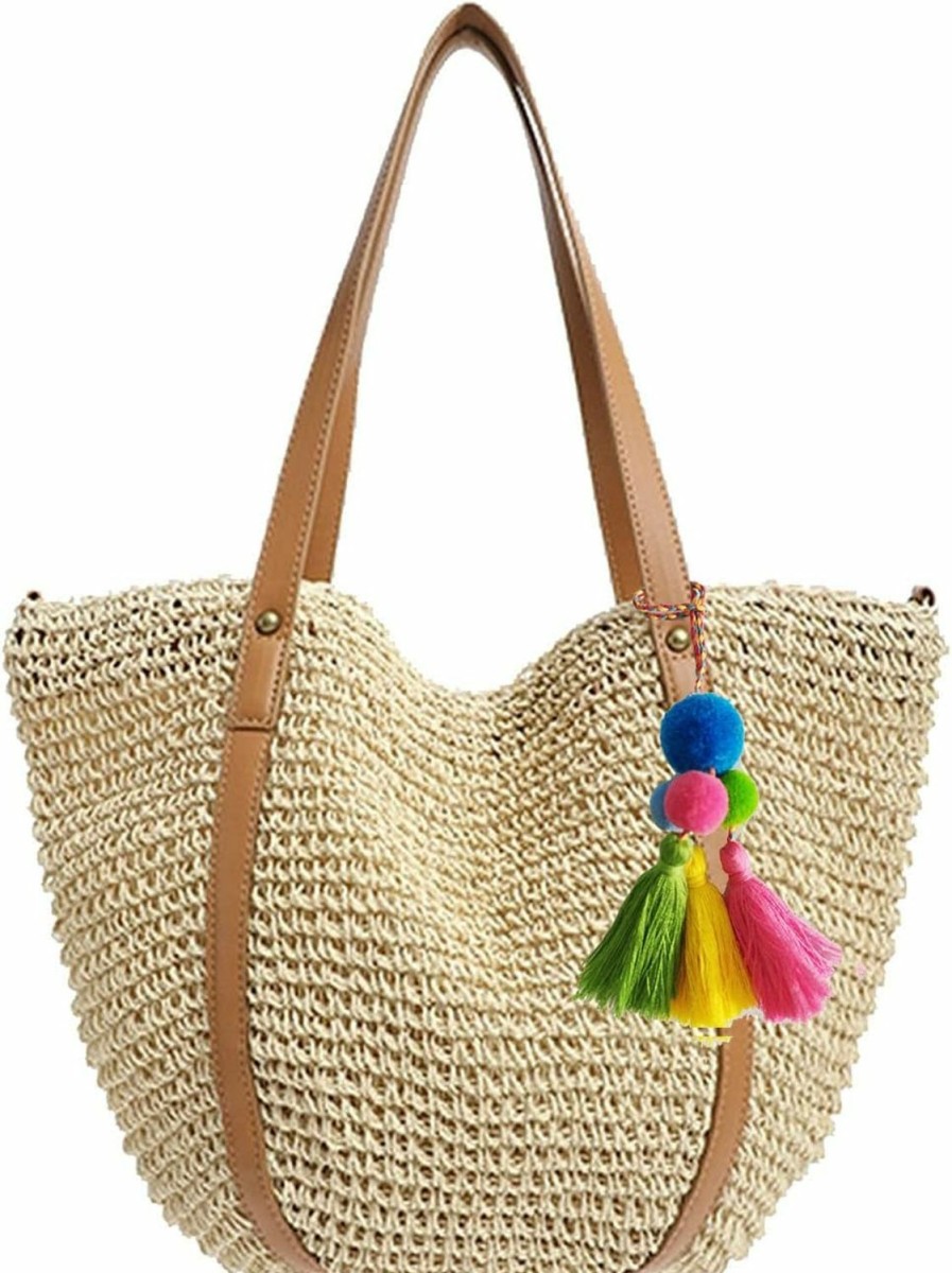 Baufooer Straw Bag For Women Large Handwoven Bucket Tote With Tassel Slouchy Purse Summer Beach Handbag Wicker Rattan Round Woven Boho Shoulder Shoulder Handbags