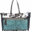 Myra Bag Myra Bag Large Cowhide Purse - Sea Grass Cow Hide Purse For Weekend, Turquoise Tooled Leather With Canvas And Cotton Cowhide Purses For Women, Western Handbags, Western Gifts For Women Shoulder Handbags