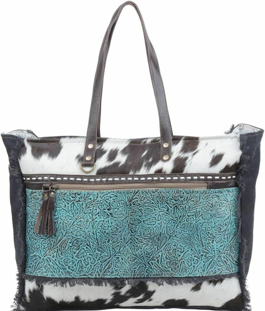 Myra Bag Myra Bag Large Cowhide Purse - Sea Grass Cow Hide Purse For Weekend, Turquoise Tooled Leather With Canvas And Cotton Cowhide Purses For Women, Western Handbags, Western Gifts For Women Shoulder Handbags