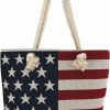 WESTERN ORIGIN Western Origin American Flag Embroidered Tote Bag Stars And Stripes Beach Bag Rope Handles Shoulder Bag Women Purse Shoulder Handbags