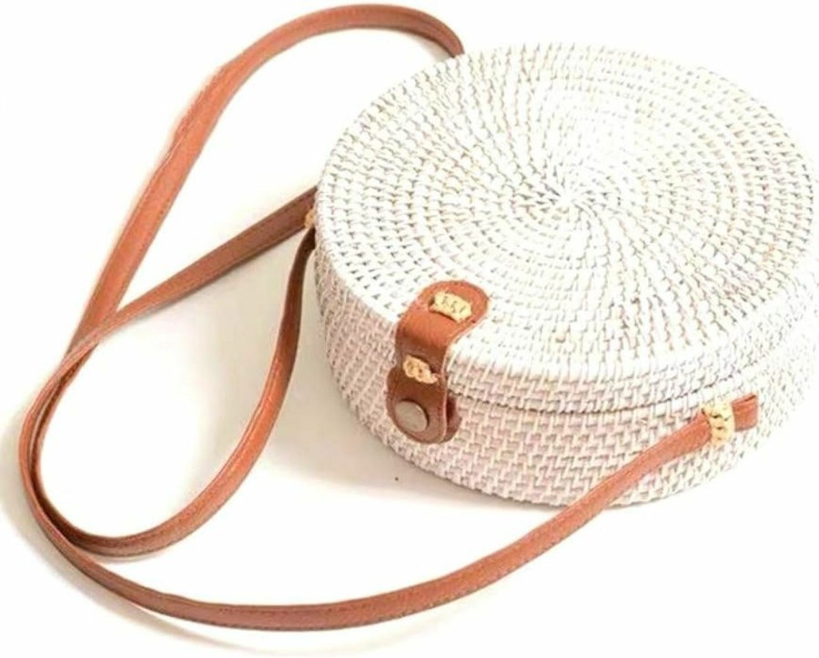 Kbinter Kbinter Handwoven Round Rattan Straw Bag For Women Shoulder Leather Button Straps Natural Chic Handmade Boho Bag Bali Purse Shoulder Handbags