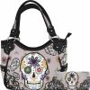 WESTERN ORIGIN Punk Gothic Rock Metallic Skull Day Of The Dead Floral Sugar Skull Leather Purse Women Handbag Shoulder Bag Wallet Set Shoulder Handbags