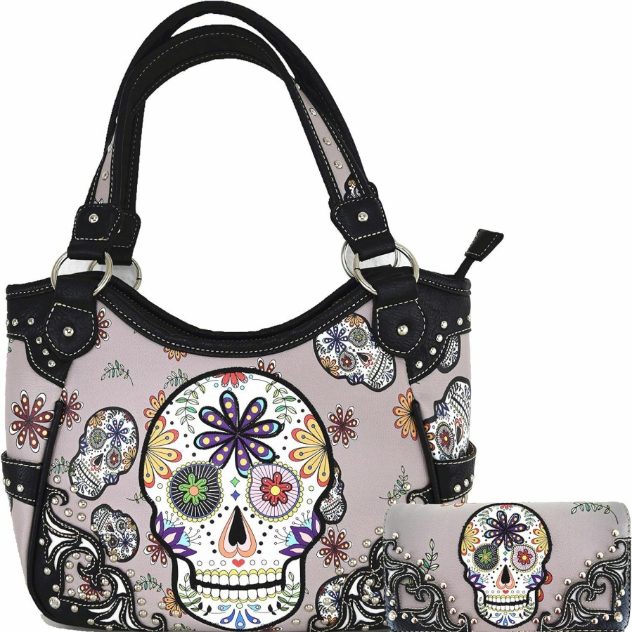 WESTERN ORIGIN Punk Gothic Rock Metallic Skull Day Of The Dead Floral Sugar Skull Leather Purse Women Handbag Shoulder Bag Wallet Set Shoulder Handbags