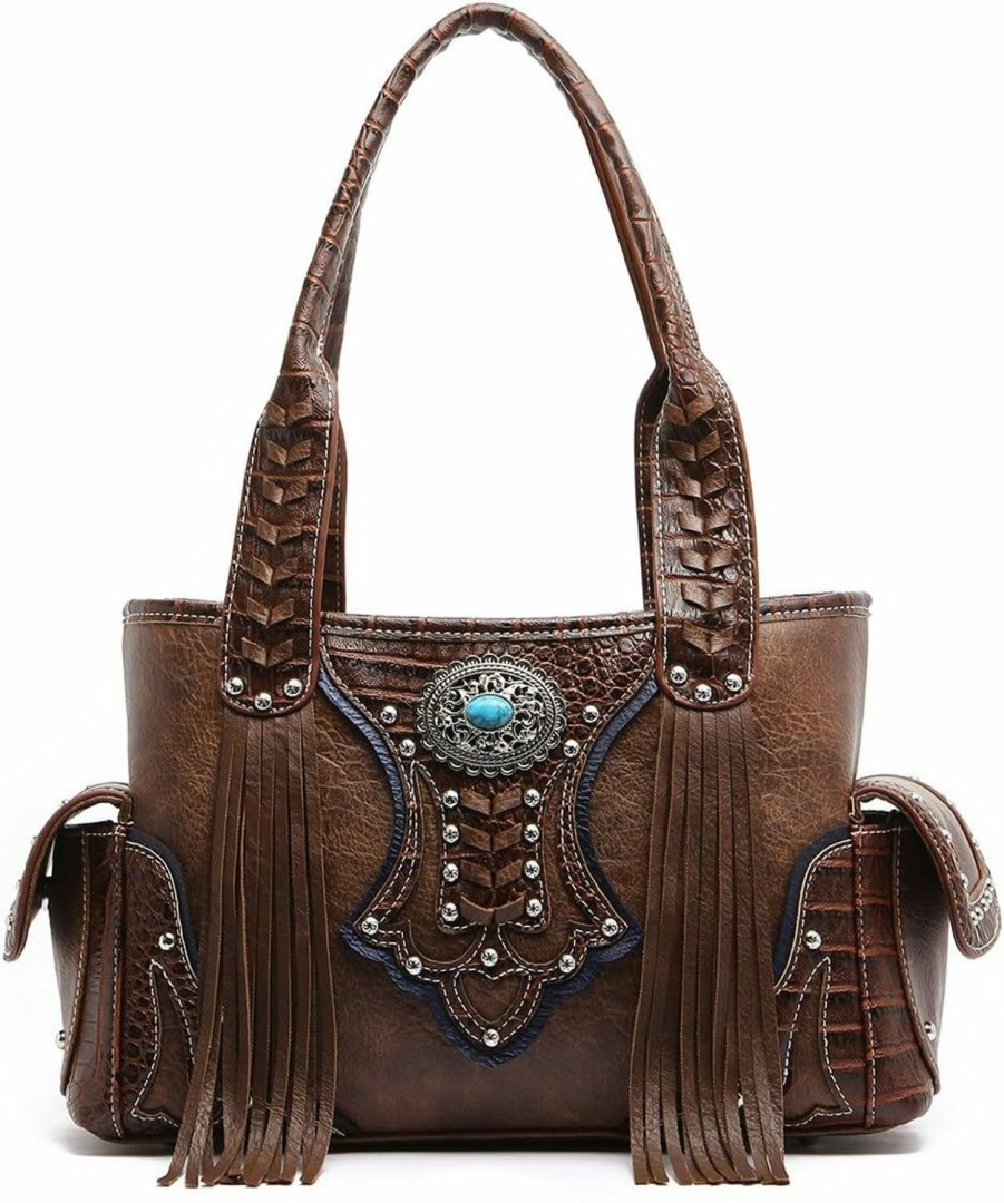 Amazon Western Handbag - Classic Concho Embossed Concealed Carry Shoulder Bag With Fringe Shoulder Handbags