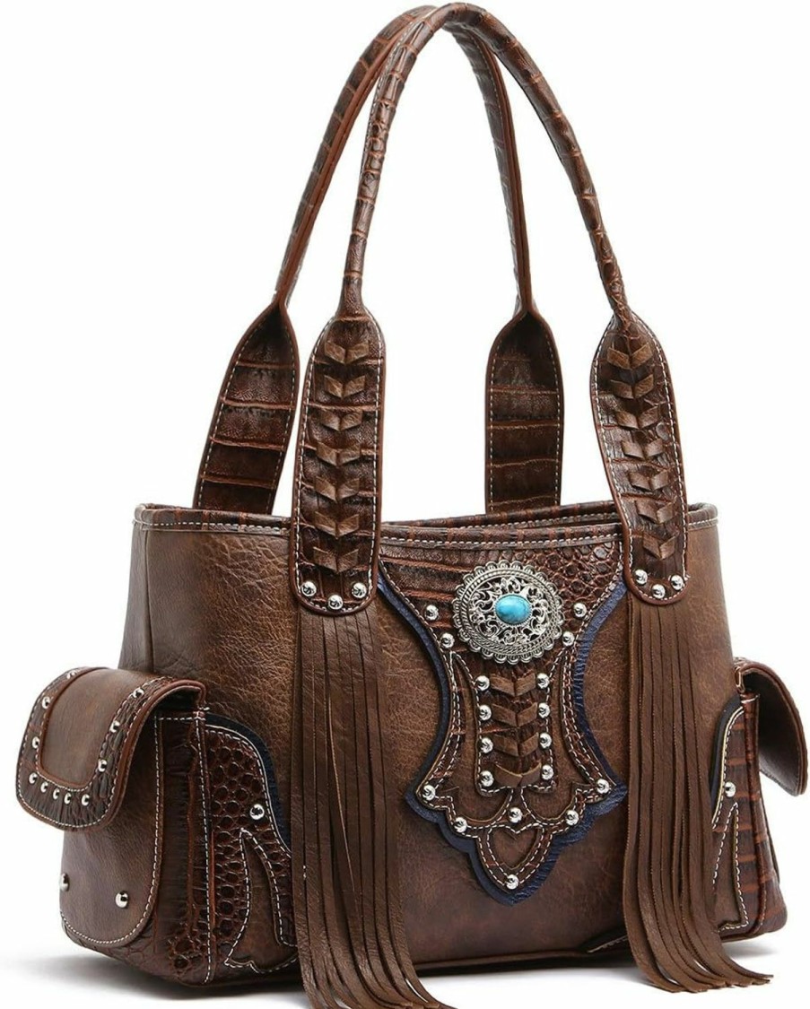 Amazon Western Handbag - Classic Concho Embossed Concealed Carry Shoulder Bag With Fringe Shoulder Handbags