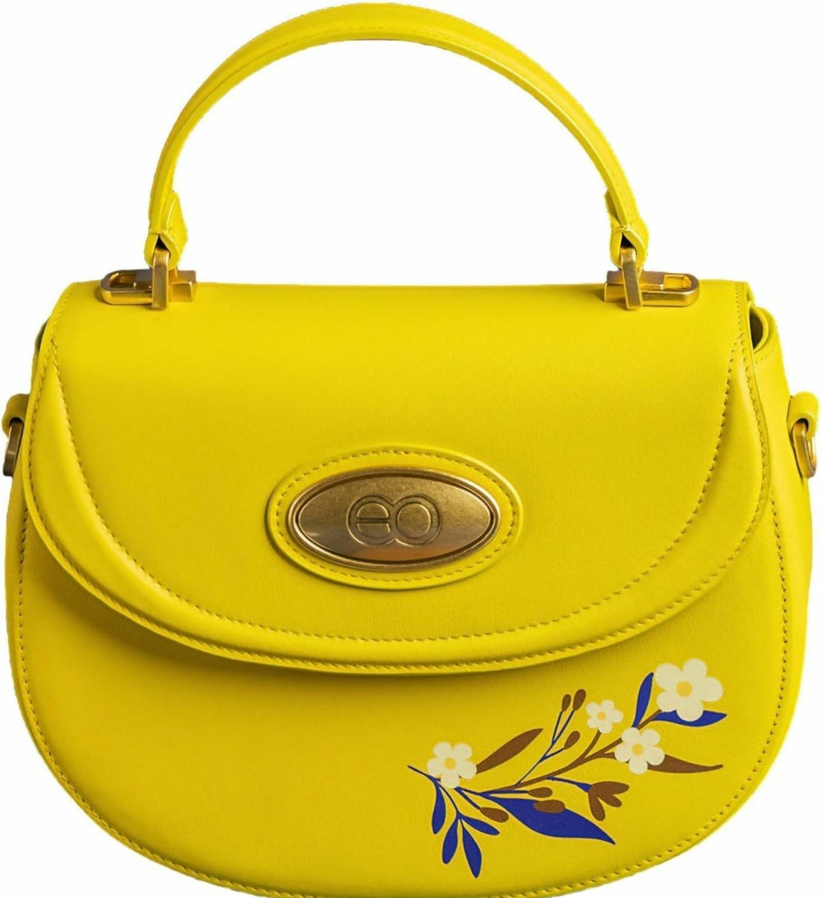 elpreole Elpreole Leather Yellow Purse Cute Designer Crossbody Handbag For Women, Telfar Mustard Clutch, Floral Pattern, Leather Strap, Purple Shoulder Chain, Dust Bag & Gift Box Included Shoulder Handbags