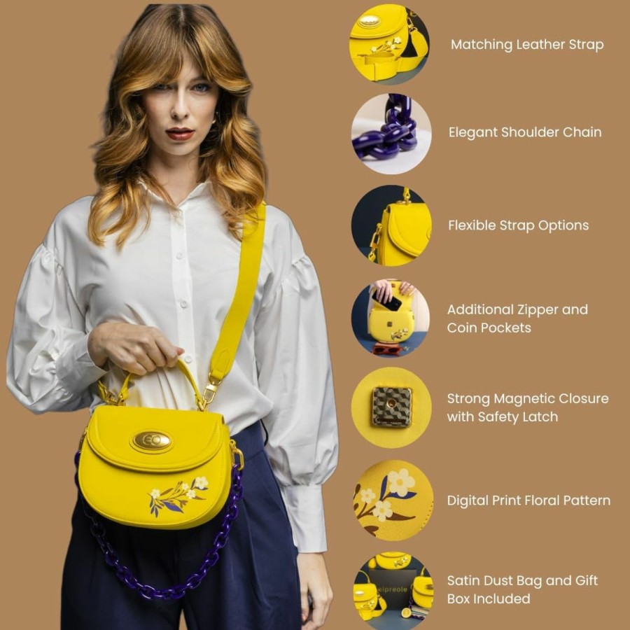 elpreole Elpreole Leather Yellow Purse Cute Designer Crossbody Handbag For Women, Telfar Mustard Clutch, Floral Pattern, Leather Strap, Purple Shoulder Chain, Dust Bag & Gift Box Included Shoulder Handbags