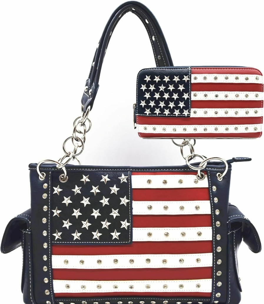 WESTERN ORIGIN American Flag Usa Stars And Stripes Patriotic Leather Purse Women Rhinestone Country Handbag Wallet Set Red White And Blue Shoulder Handbags