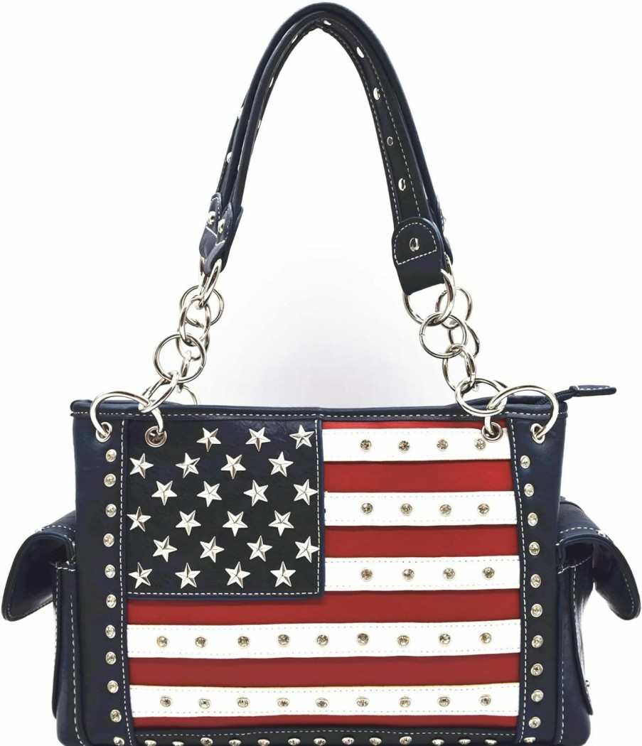 WESTERN ORIGIN American Flag Usa Stars And Stripes Patriotic Leather Purse Women Rhinestone Country Handbag Wallet Set Red White And Blue Shoulder Handbags