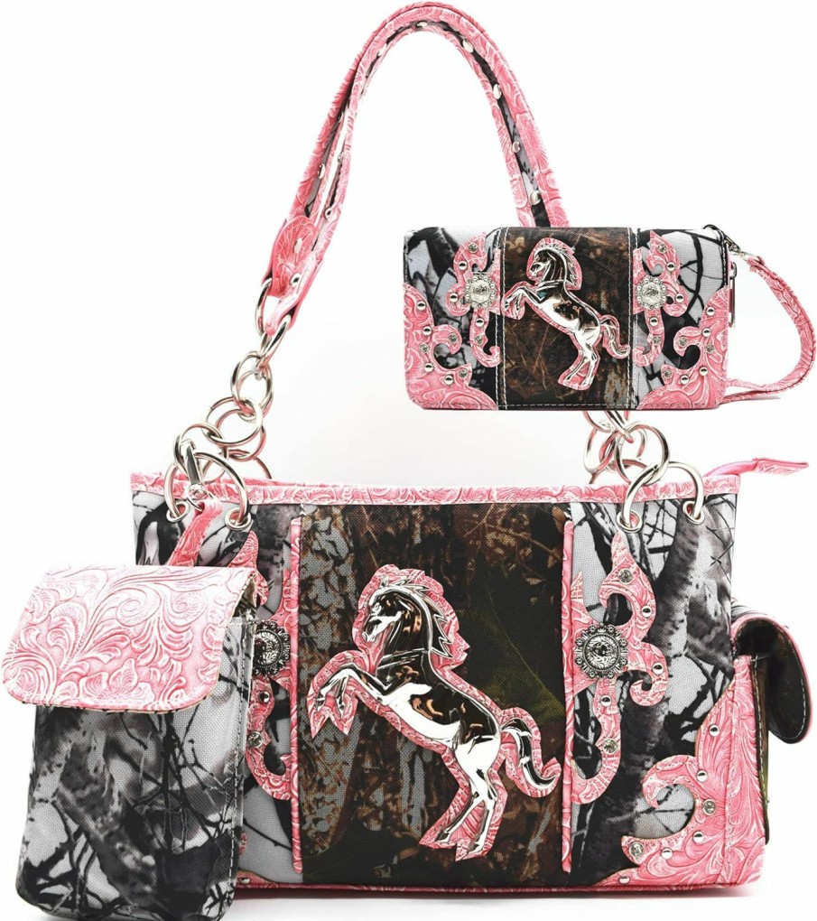 Cowgirl Trendy Camouflage Western Style Totes Studded Floral Handbag Tooled Leather Purse Country Women Shoulder Bag Zipper Wallet Set Shoulder Handbags