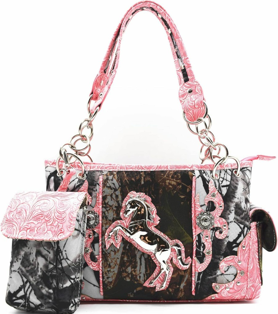 Cowgirl Trendy Camouflage Western Style Totes Studded Floral Handbag Tooled Leather Purse Country Women Shoulder Bag Zipper Wallet Set Shoulder Handbags