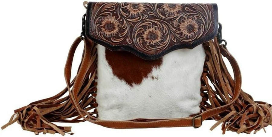 Myra Bag Myra Bag Female Blossom Hand-Tooled Bag Upcycled Cotton & Cowhide Leather S-2855 Shoulder Handbags