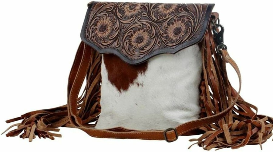 Myra Bag Myra Bag Female Blossom Hand-Tooled Bag Upcycled Cotton & Cowhide Leather S-2855 Shoulder Handbags