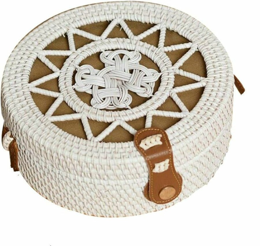 Kbinter Kbinter Handwoven Round Rattan Straw Bag For Women Shoulder Leather Button Straps Natural Chic Handmade Boho Bag Bali Purse Shoulder Handbags