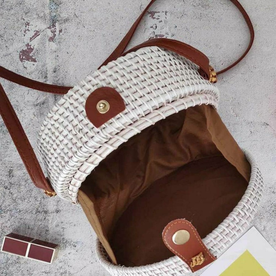 Kbinter Kbinter Handwoven Round Rattan Straw Bag For Women Shoulder Leather Button Straps Natural Chic Handmade Boho Bag Bali Purse Shoulder Handbags