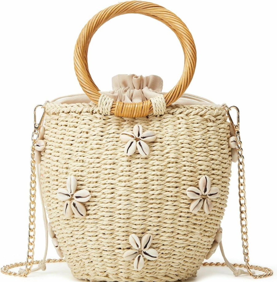 Tellrain Summer Straw Bag For Women Pearl Flower Bucket Tote Bag Diamond Handbag Hand Woven Rattan Shell Purse Drawstring Shoulder Handbags