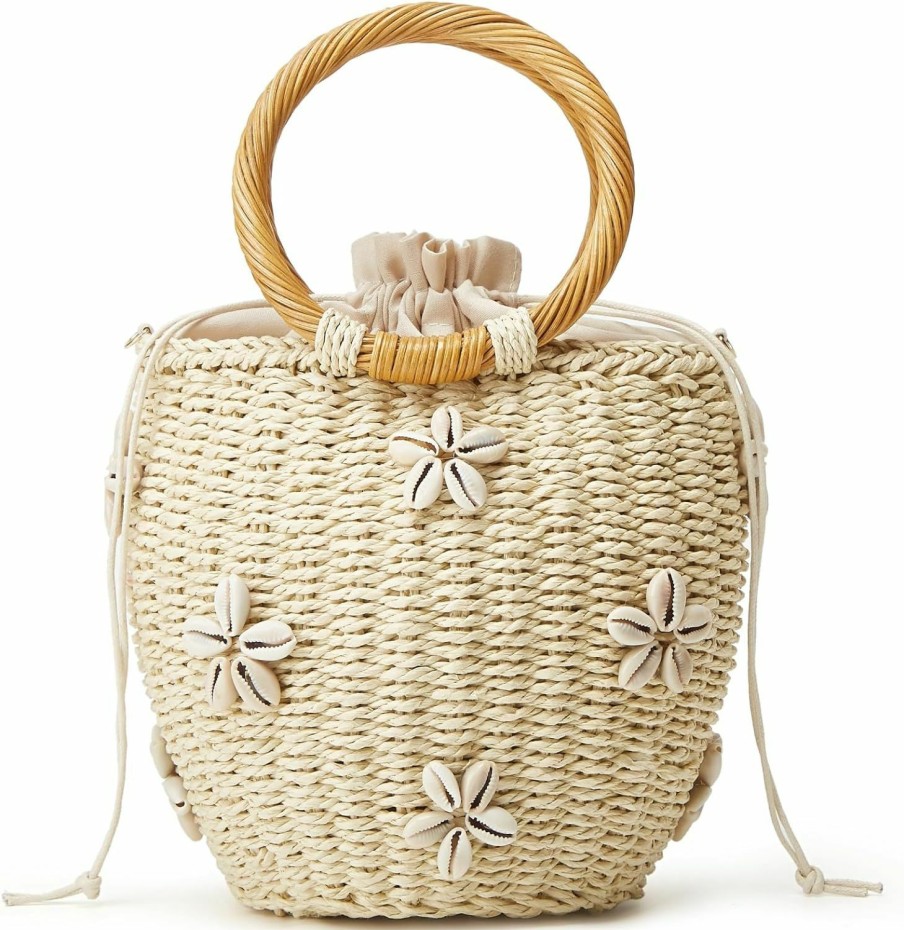 Tellrain Summer Straw Bag For Women Pearl Flower Bucket Tote Bag Diamond Handbag Hand Woven Rattan Shell Purse Drawstring Shoulder Handbags