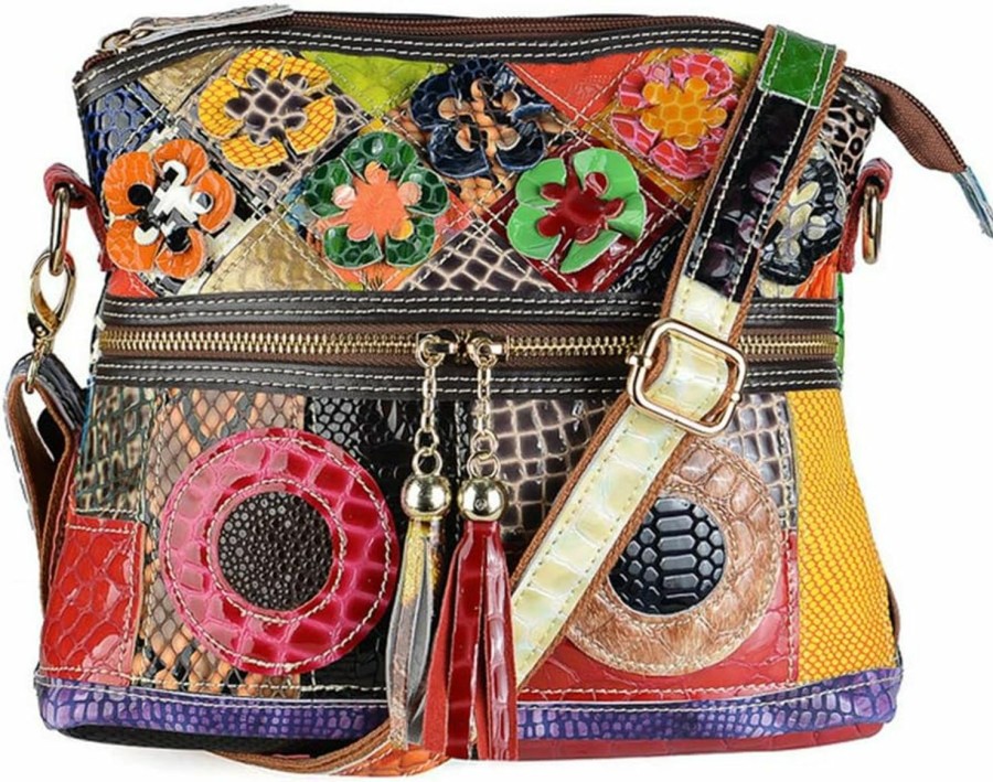 Segater Segater Women'S Multicolor Floral Crossbody Bag Cowhide Leather Handbag Colorful Purses Vintage Snake Pattern Shoulder Bag Shoulder Handbags