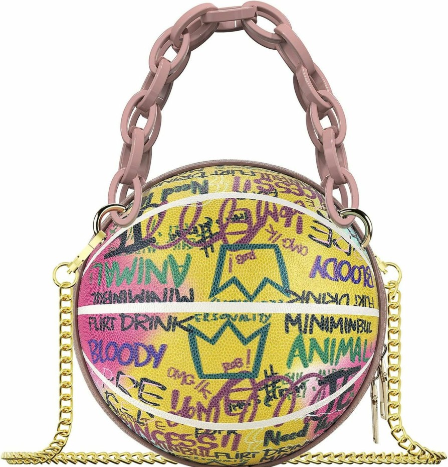 Linkidea Linkidea Basketball Shaped Purses For Women, Graffiti Letter Girls Mini Round Bag, Vegan Leather Shoulder Crossbody Messenger Handbag (Pink) Shoulder Handbags