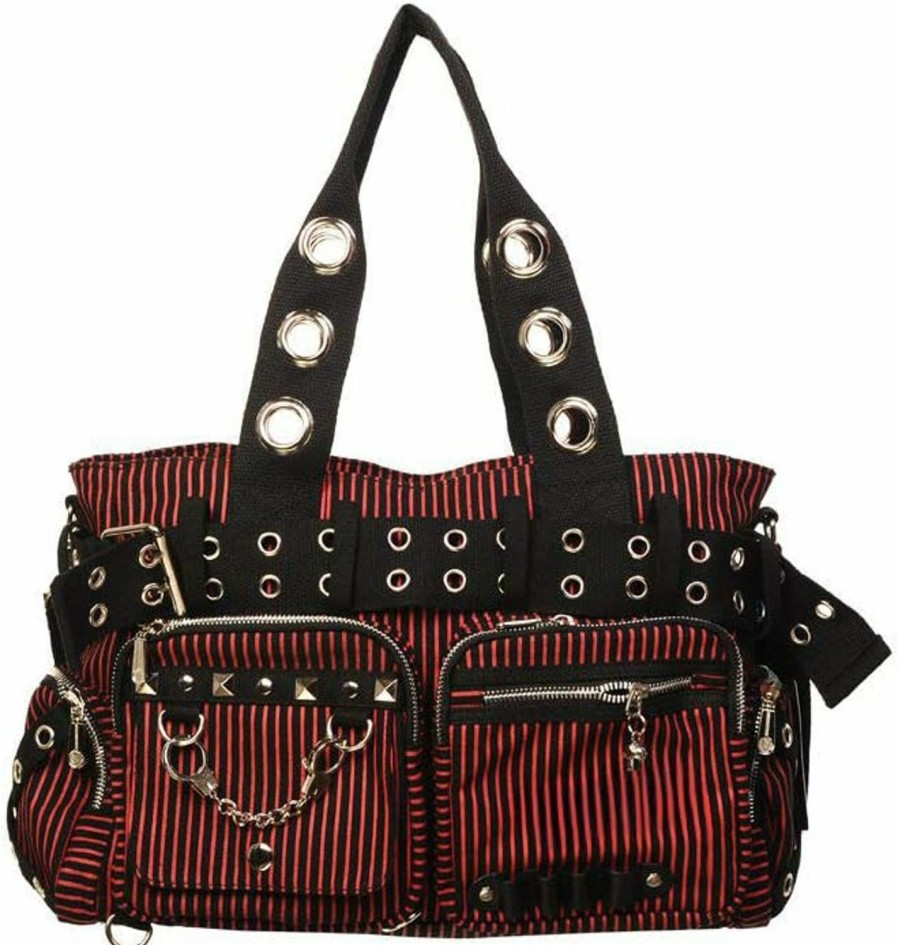 Lost Queen Lost Queen Striped Punk Rock Steampunk Purse With Handcuff Skull Charm Shoulder Handbags