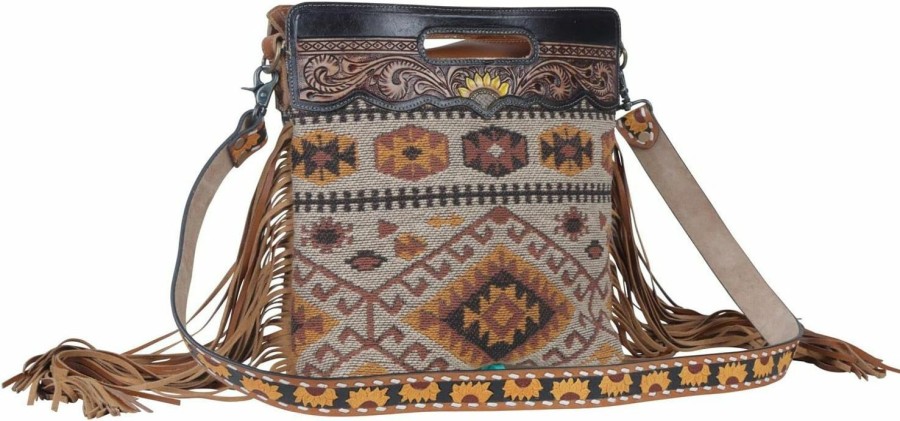 Myra Bag Western Leather Crossbody Bag For Women - Upcycled Canvas Shoulder Bag With Tassels Shoulder Handbags