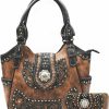 WESTERN ORIGIN Western Style Rhinestone Conchos Studded Floral Conceal Carry Purse Country Handbag Women Shoulder Bag Wallet Set Brown Shoulder Handbags