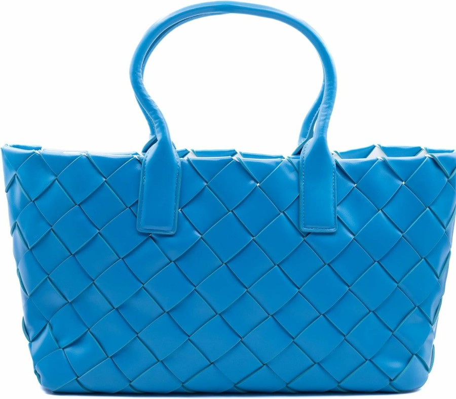 CINQ Cinq | Italian Calfskin Leather Tote - Blue/White Small-Medium | Distinctive Pressed Woven Design | Timeless Elegance | Premium Quality Craftsmanship Shoulder Handbags