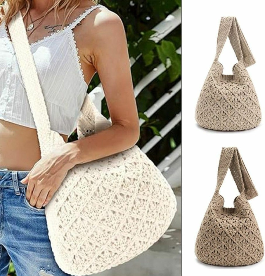 MIKOPNLIW Fashion Women Crochet Beach Tote Bag,Woven Shoulder Bag, Knitted Handbags Purse Summer Vacation Crossbody Bags Shoulder Handbags