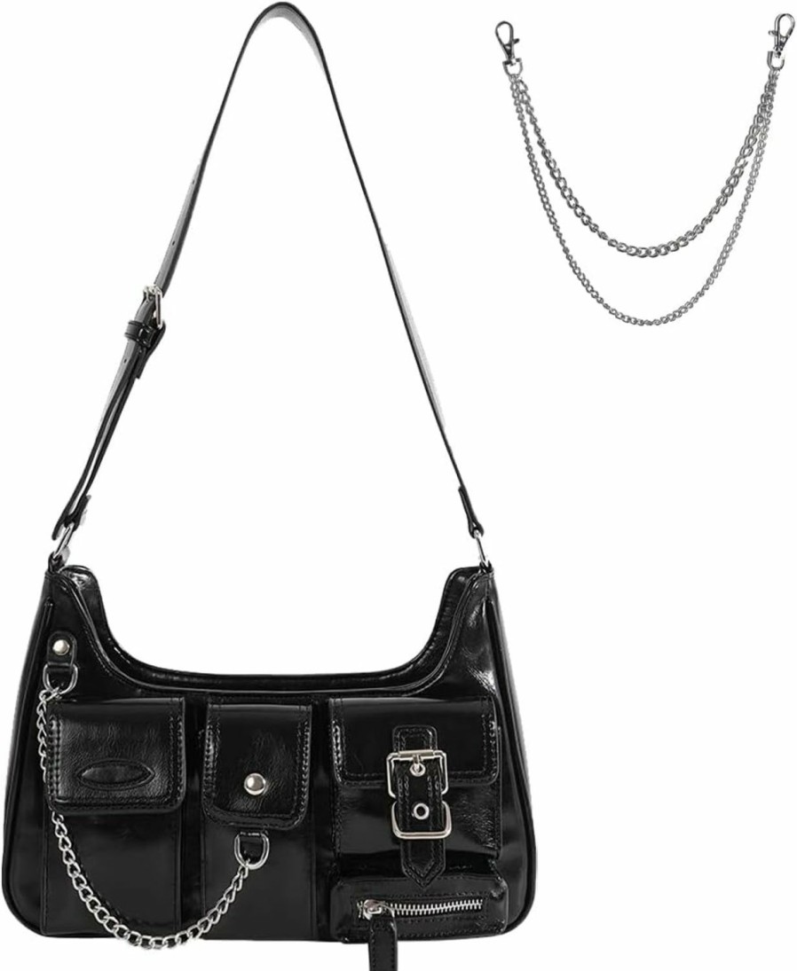 Sunwel Fashion Sunwel Fashion Y2K Black Purse Goth Multi-Pockets Shoulder Bag Aesthetic Grunge Bag, With Extra Waist Chain For Women Shoulder Handbags