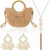 Cunno Cunno Straw Purses Bag Set Women'S Vacation Woven Clutch 2024 Summer Crossbody Boho Shoulder Handbags Tassel Earrings Fringe Bohemian Necklace For Girl Beach Shoulder Handbags