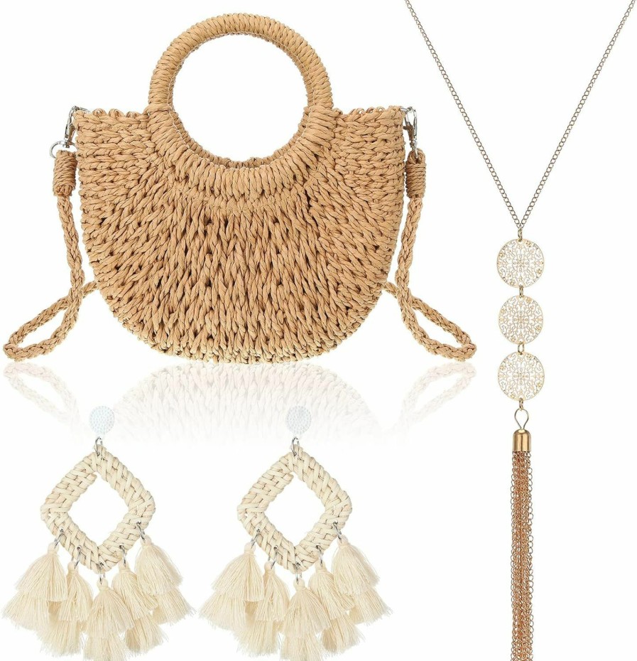 Cunno Cunno Straw Purses Bag Set Women'S Vacation Woven Clutch 2024 Summer Crossbody Boho Shoulder Handbags Tassel Earrings Fringe Bohemian Necklace For Girl Beach Shoulder Handbags