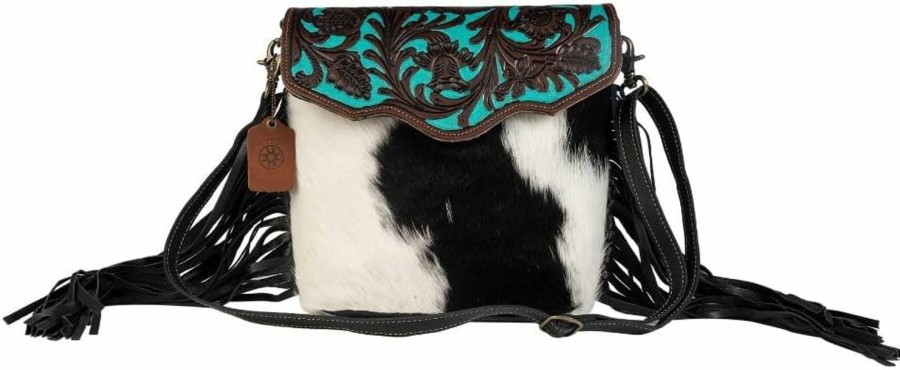 Myra Bag Myra Bag Female Aqua Hand-Tooled Bag Upcycled Cotton & Cowhide Leather S-2856 Shoulder Handbags