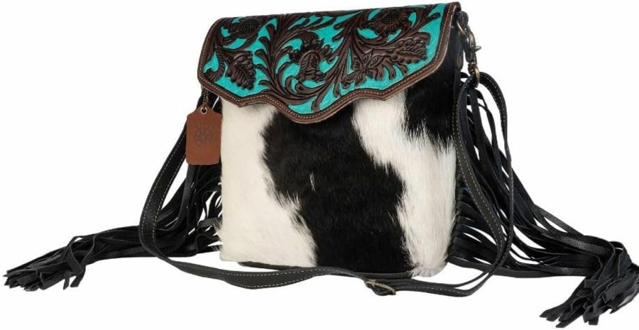 Myra Bag Myra Bag Female Aqua Hand-Tooled Bag Upcycled Cotton & Cowhide Leather S-2856 Shoulder Handbags