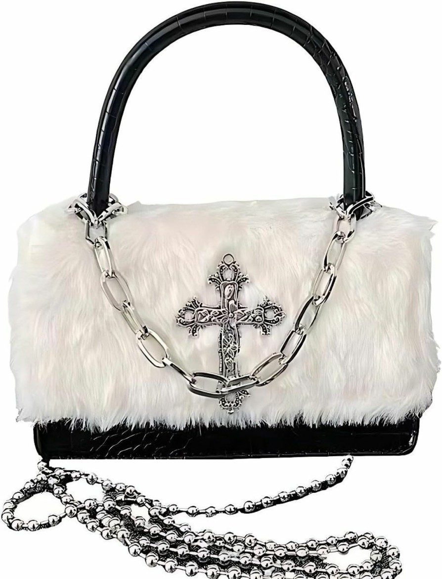 FONETTOS Fonettos Y2K Gothic Punk Handbag Indie Cross Studded Shoulder Bag Egirl Woman Purse Cool Girl Crossbody Fluffy Bag Faux Fur Shoulder Handbags