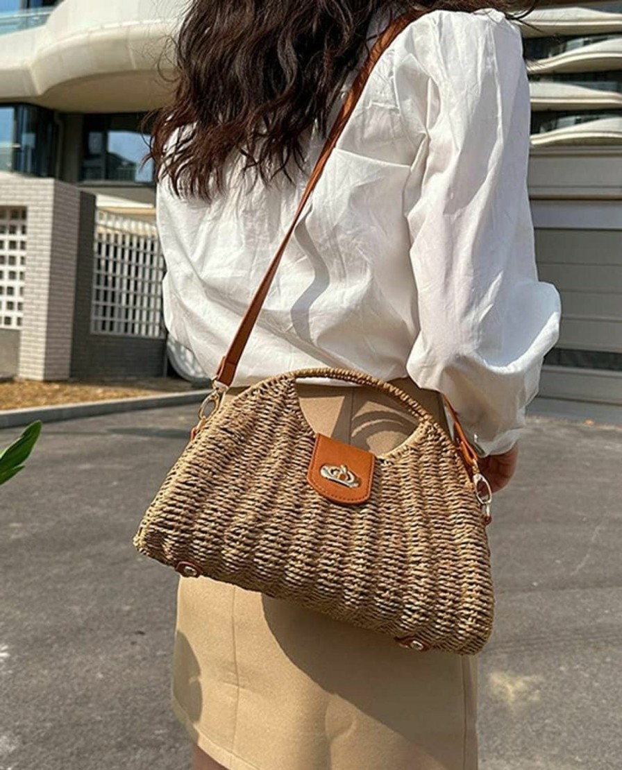 Halemet Straw Crossbody Bag For Women Hand Woven Rattan Beach Handbag Top Handle Shoulder Bags Purse For Travel Vacation Shoulder Handbags