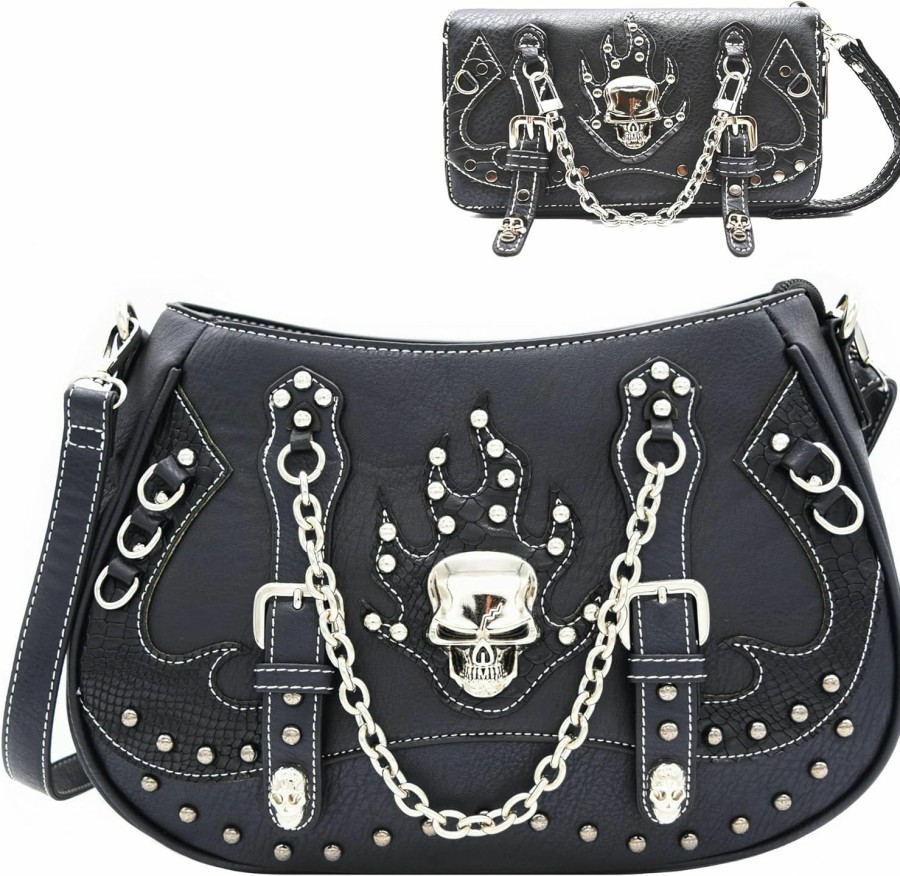 WESTERN ORIGIN Western Origin Punk Gothic Skull Chain Crossbody Handbag Removable Strap Purse Women Single Shoulder Bag/Wallet Black Shoulder Handbags