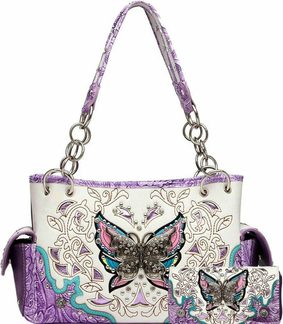 WESTERN ORIGIN Western Style Springtime Embroidery Butterfly Floral Leather Totes Purse Country Handbag Women Shoulder Bag Wallet Set Shoulder Handbags