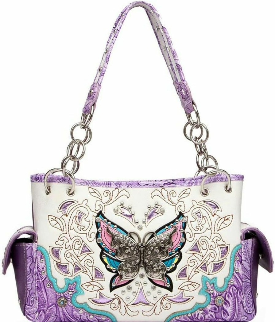 WESTERN ORIGIN Western Style Springtime Embroidery Butterfly Floral Leather Totes Purse Country Handbag Women Shoulder Bag Wallet Set Shoulder Handbags